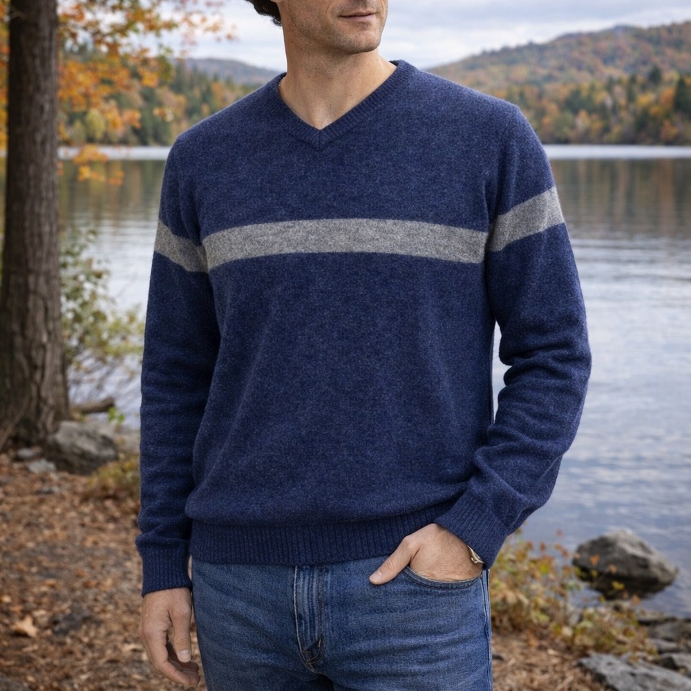GAP Men's V Neck Lambswool Sweater Blue Gray Stripe Pullover Small